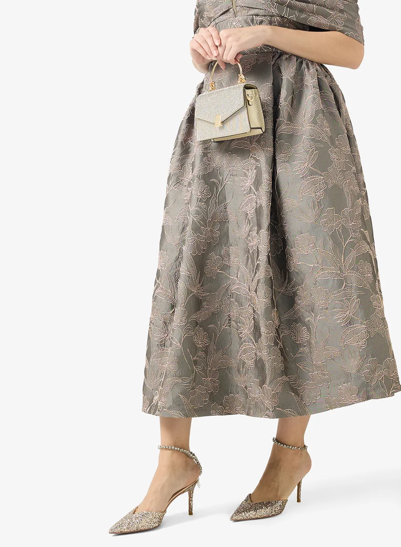 Rhinestone Embellished Detailed Mid Heel Gold Pumps